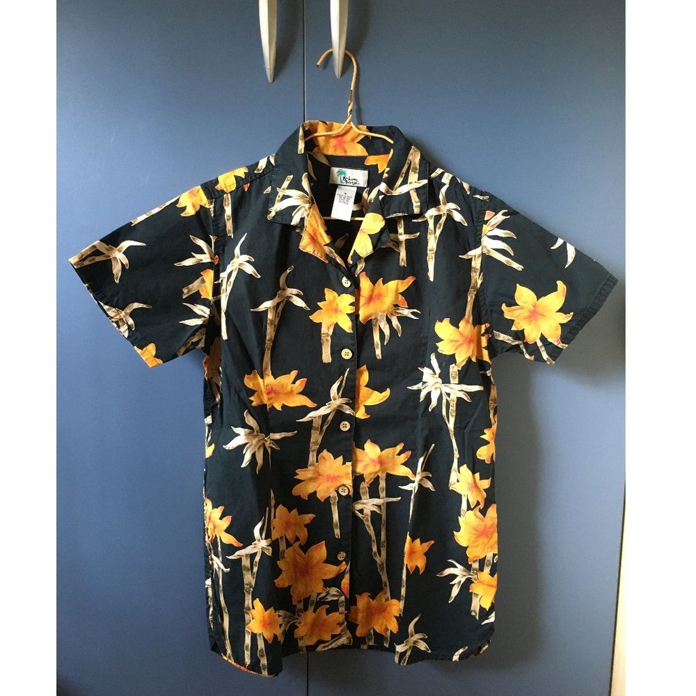 Tropical Print Black Button Down Shirt